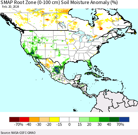 North America SMAP Root Zone (0-100 cm) Soil Moisture Anomaly (%) Thematic Map For 2/16/2024 - 2/20/2024