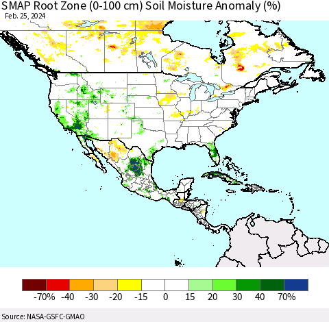 North America SMAP Root Zone (0-100 cm) Soil Moisture Anomaly (%) Thematic Map For 2/21/2024 - 2/25/2024