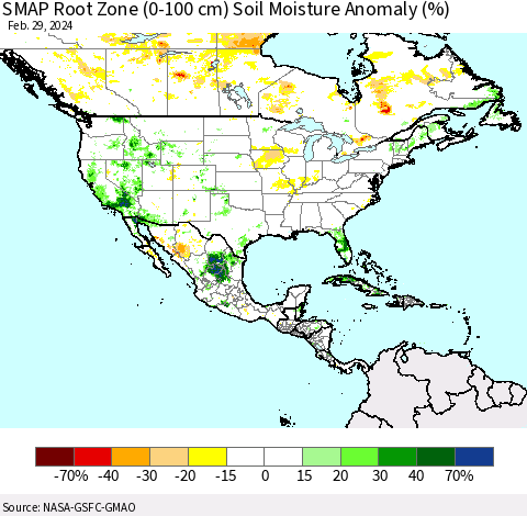 North America SMAP Root Zone (0-100 cm) Soil Moisture Anomaly (%) Thematic Map For 2/26/2024 - 2/29/2024