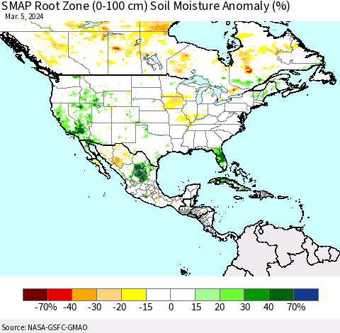 North America SMAP Root Zone (0-100 cm) Soil Moisture Anomaly (%) Thematic Map For 3/1/2024 - 3/5/2024