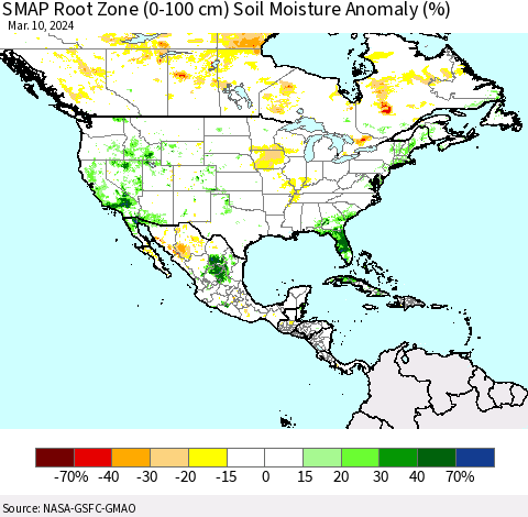 North America SMAP Root Zone (0-100 cm) Soil Moisture Anomaly (%) Thematic Map For 3/6/2024 - 3/10/2024