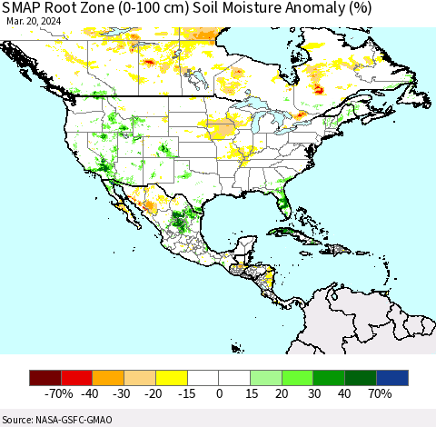 North America SMAP Root Zone (0-100 cm) Soil Moisture Anomaly (%) Thematic Map For 3/16/2024 - 3/20/2024