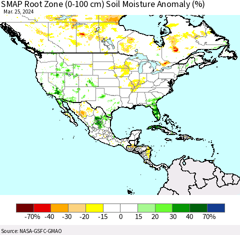 North America SMAP Root Zone (0-100 cm) Soil Moisture Anomaly (%) Thematic Map For 3/21/2024 - 3/25/2024