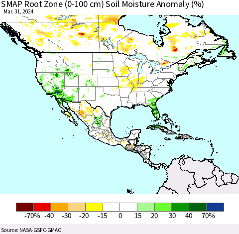 North America SMAP Root Zone (0-100 cm) Soil Moisture Anomaly (%) Thematic Map For 3/26/2024 - 3/31/2024