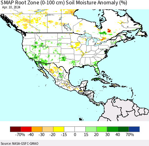 North America SMAP Root Zone (0-100 cm) Soil Moisture Anomaly (%) Thematic Map For 4/6/2024 - 4/10/2024