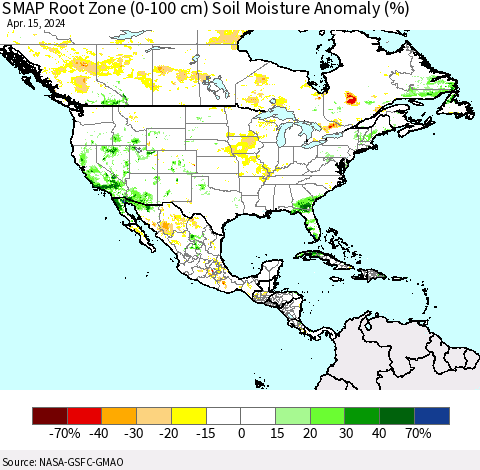 North America SMAP Root Zone (0-100 cm) Soil Moisture Anomaly (%) Thematic Map For 4/11/2024 - 4/15/2024