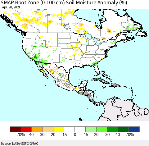North America SMAP Root Zone (0-100 cm) Soil Moisture Anomaly (%) Thematic Map For 4/16/2024 - 4/20/2024
