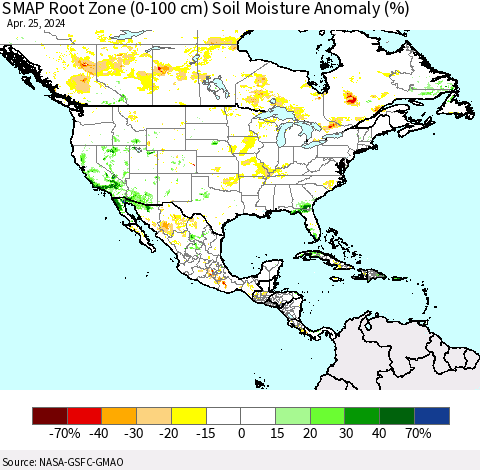 North America SMAP Root Zone (0-100 cm) Soil Moisture Anomaly (%) Thematic Map For 4/21/2024 - 4/25/2024