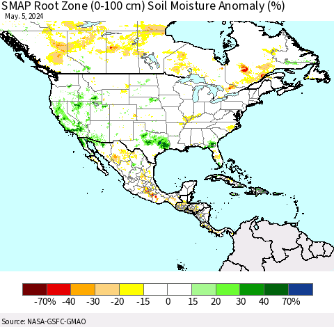 North America SMAP Root Zone (0-100 cm) Soil Moisture Anomaly (%) Thematic Map For 5/1/2024 - 5/5/2024