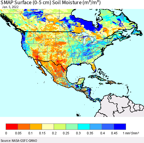 North America SMAP Surface (0-5 cm) Soil Moisture (m³/m³) Thematic Map For 1/1/2022 - 1/5/2022