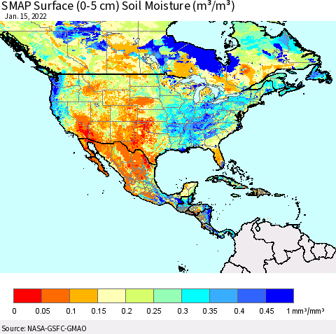 North America SMAP Surface (0-5 cm) Soil Moisture (m³/m³) Thematic Map For 1/11/2022 - 1/15/2022
