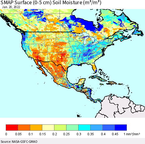 North America SMAP Surface (0-5 cm) Soil Moisture (m³/m³) Thematic Map For 1/16/2022 - 1/20/2022