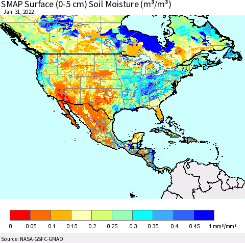 North America SMAP Surface (0-5 cm) Soil Moisture (m³/m³) Thematic Map For 1/26/2022 - 1/31/2022