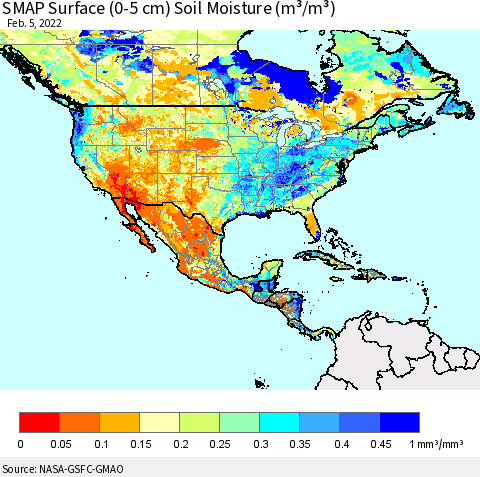 North America SMAP Surface (0-5 cm) Soil Moisture (m³/m³) Thematic Map For 2/1/2022 - 2/5/2022