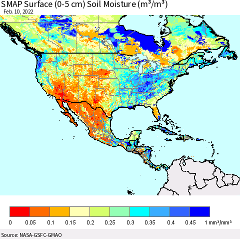 North America SMAP Surface (0-5 cm) Soil Moisture (m³/m³) Thematic Map For 2/6/2022 - 2/10/2022