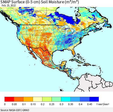 North America SMAP Surface (0-5 cm) Soil Moisture (m³/m³) Thematic Map For 2/21/2022 - 2/25/2022