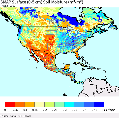 North America SMAP Surface (0-5 cm) Soil Moisture (m³/m³) Thematic Map For 3/1/2022 - 3/5/2022
