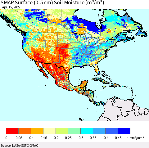 North America SMAP Surface (0-5 cm) Soil Moisture (m³/m³) Thematic Map For 4/11/2022 - 4/15/2022