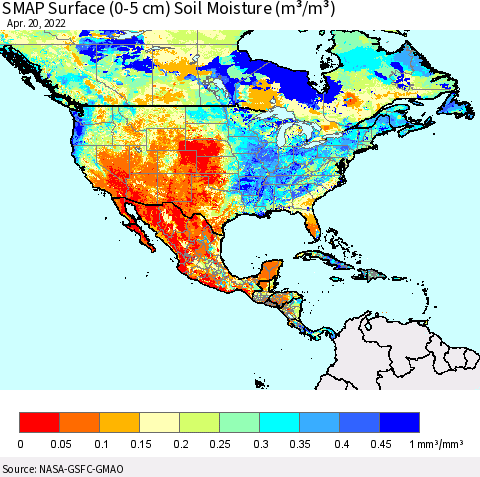 North America SMAP Surface (0-5 cm) Soil Moisture (m³/m³) Thematic Map For 4/16/2022 - 4/20/2022