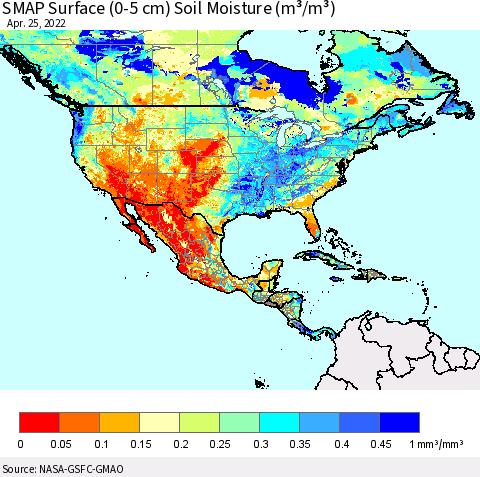 North America SMAP Surface (0-5 cm) Soil Moisture (m³/m³) Thematic Map For 4/21/2022 - 4/25/2022
