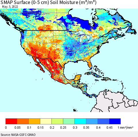 North America SMAP Surface (0-5 cm) Soil Moisture (m³/m³) Thematic Map For 5/1/2022 - 5/5/2022