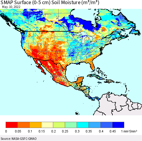 North America SMAP Surface (0-5 cm) Soil Moisture (m³/m³) Thematic Map For 5/6/2022 - 5/10/2022