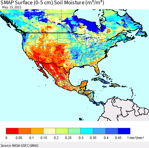 North America SMAP Surface (0-5 cm) Soil Moisture (m³/m³) Thematic Map For 5/11/2022 - 5/15/2022