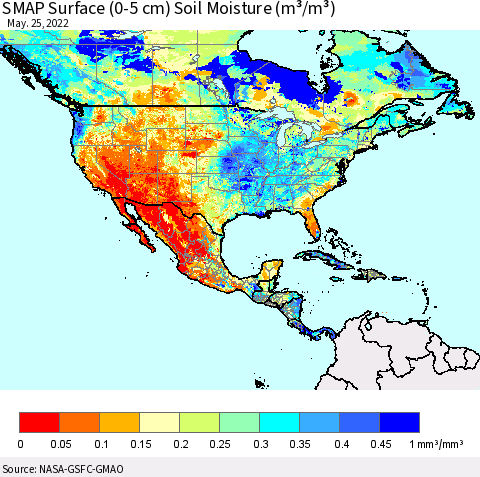 North America SMAP Surface (0-5 cm) Soil Moisture (m³/m³) Thematic Map For 5/21/2022 - 5/25/2022