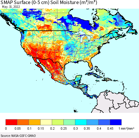 North America SMAP Surface (0-5 cm) Soil Moisture (m³/m³) Thematic Map For 5/26/2022 - 5/31/2022