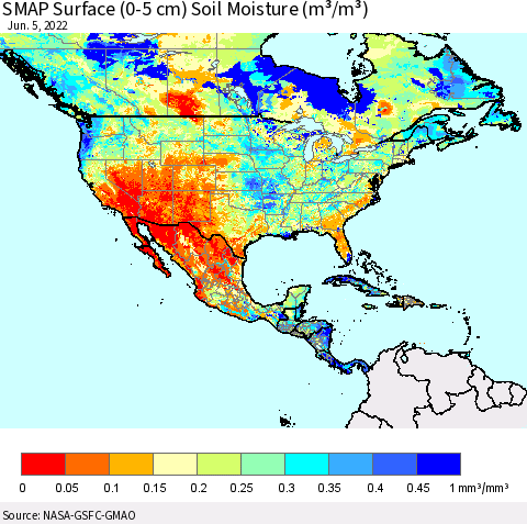 North America SMAP Surface (0-5 cm) Soil Moisture (m³/m³) Thematic Map For 6/1/2022 - 6/5/2022