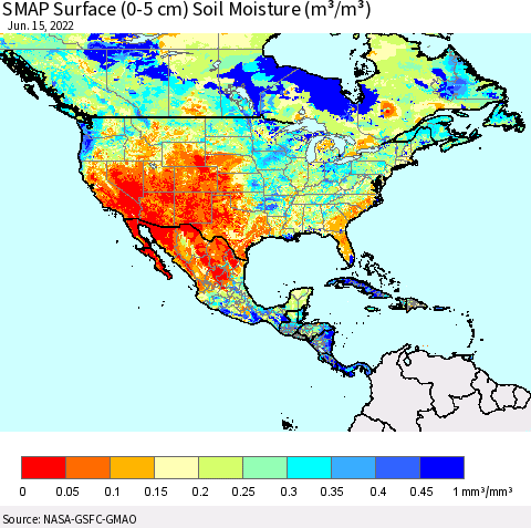 North America SMAP Surface (0-5 cm) Soil Moisture (m³/m³) Thematic Map For 6/11/2022 - 6/15/2022