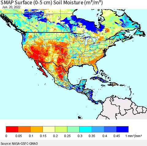 North America SMAP Surface (0-5 cm) Soil Moisture (m³/m³) Thematic Map For 6/16/2022 - 6/20/2022