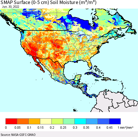 North America SMAP Surface (0-5 cm) Soil Moisture (m³/m³) Thematic Map For 6/26/2022 - 6/30/2022
