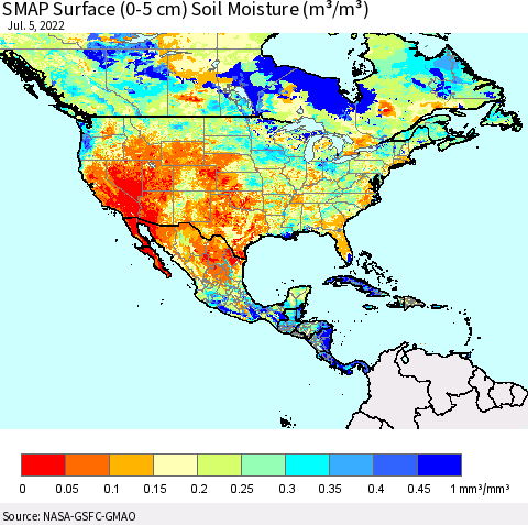 North America SMAP Surface (0-5 cm) Soil Moisture (m³/m³) Thematic Map For 7/1/2022 - 7/5/2022