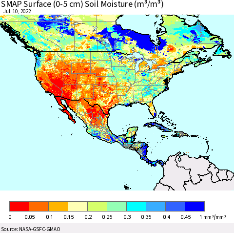 North America SMAP Surface (0-5 cm) Soil Moisture (m³/m³) Thematic Map For 7/6/2022 - 7/10/2022