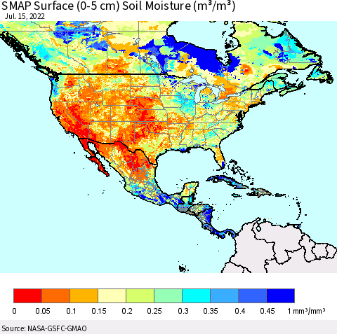 North America SMAP Surface (0-5 cm) Soil Moisture (m³/m³) Thematic Map For 7/11/2022 - 7/15/2022