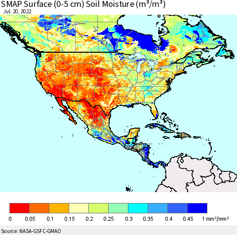 North America SMAP Surface (0-5 cm) Soil Moisture (m³/m³) Thematic Map For 7/16/2022 - 7/20/2022