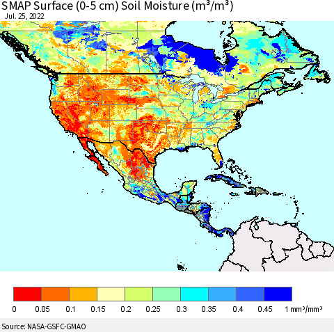 North America SMAP Surface (0-5 cm) Soil Moisture (m³/m³) Thematic Map For 7/21/2022 - 7/25/2022