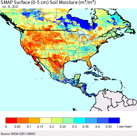 North America SMAP Surface (0-5 cm) Soil Moisture (m³/m³) Thematic Map For 7/26/2022 - 7/31/2022