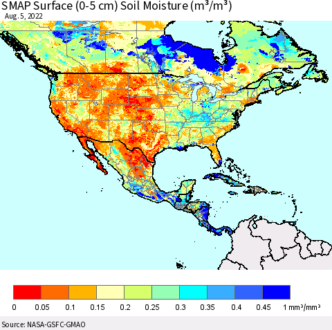 North America SMAP Surface (0-5 cm) Soil Moisture (m³/m³) Thematic Map For 8/1/2022 - 8/5/2022