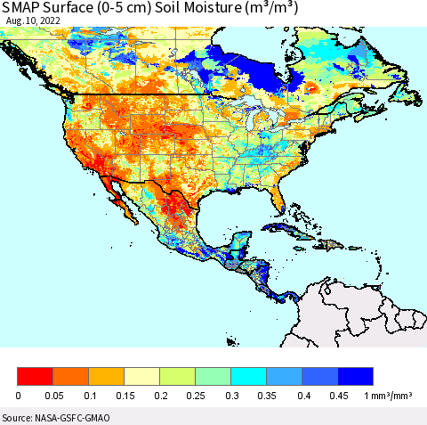 North America SMAP Surface (0-5 cm) Soil Moisture (m³/m³) Thematic Map For 8/6/2022 - 8/10/2022