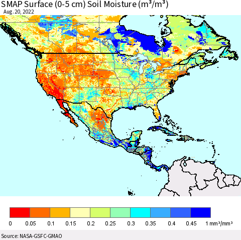 North America SMAP Surface (0-5 cm) Soil Moisture (m³/m³) Thematic Map For 8/16/2022 - 8/20/2022