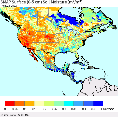 North America SMAP Surface (0-5 cm) Soil Moisture (m³/m³) Thematic Map For 8/21/2022 - 8/25/2022
