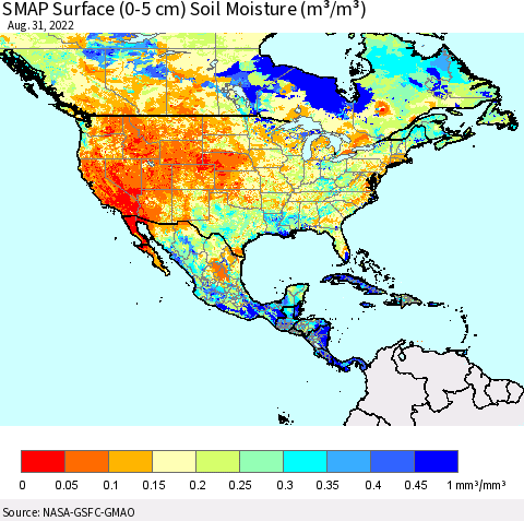 North America SMAP Surface (0-5 cm) Soil Moisture (m³/m³) Thematic Map For 8/26/2022 - 8/31/2022