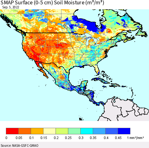 North America SMAP Surface (0-5 cm) Soil Moisture (m³/m³) Thematic Map For 9/1/2022 - 9/5/2022