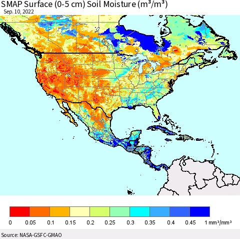 North America SMAP Surface (0-5 cm) Soil Moisture (m³/m³) Thematic Map For 9/6/2022 - 9/10/2022