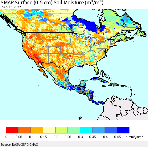 North America SMAP Surface (0-5 cm) Soil Moisture (m³/m³) Thematic Map For 9/11/2022 - 9/15/2022