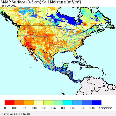 North America SMAP Surface (0-5 cm) Soil Moisture (m³/m³) Thematic Map For 9/16/2022 - 9/20/2022