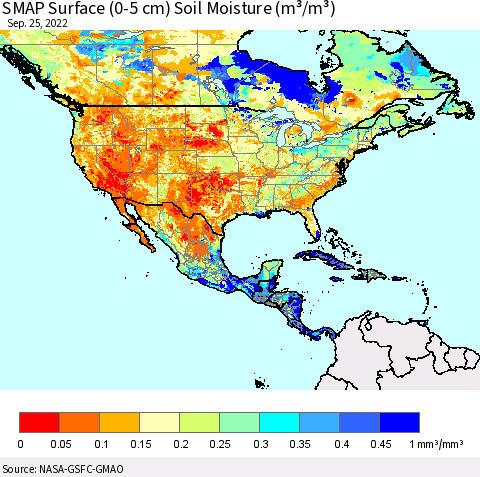 North America SMAP Surface (0-5 cm) Soil Moisture (m³/m³) Thematic Map For 9/21/2022 - 9/25/2022