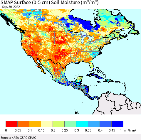 North America SMAP Surface (0-5 cm) Soil Moisture (m³/m³) Thematic Map For 9/26/2022 - 9/30/2022